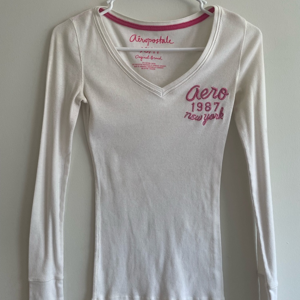 Aeropostale Cream V-Neck Long Sleeve with Pink Details